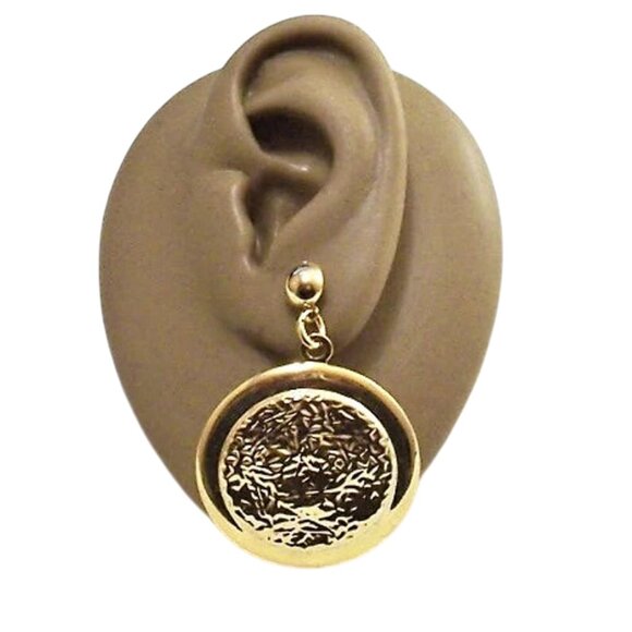 Hammered Discs Hoop Pierced Post Earrings Gold Tone - Picture 5 of 5